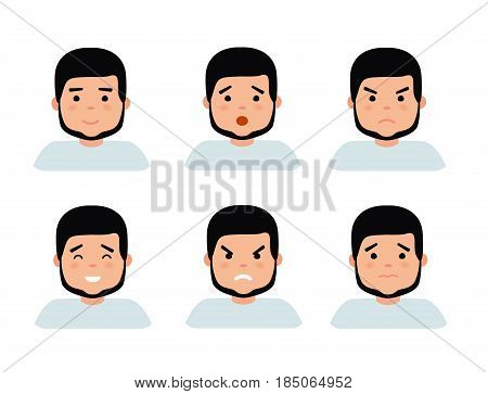 Set of male facial emotions. Bearded man emoji character with different expressions. Vector illustration in flat cartoon style