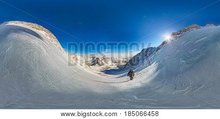 Spherical Panorama 360 180 Mountain Hiker To Climb A Mountain Of Snow Couloir