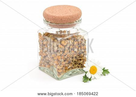 Dry herbal chamomile tea in a jar with fresh chamomile flowers isolated on white background