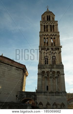 The tower Sveti Duje of Split cathedral, Croatia in last sunset light