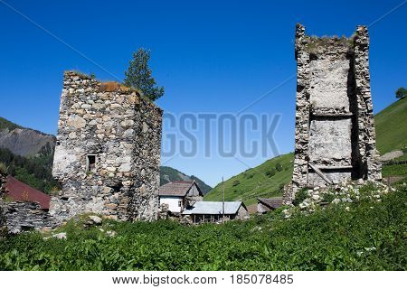 Adishi village buildings in Caucasus mountains Georgia
