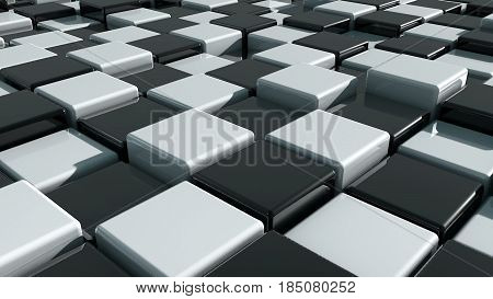 Realistic Movement of cubes. Futuristic background with black and white cubes. Cubes with reflection. Seamless loop