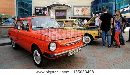 Orel Russia - April 29 2017: Retro car festival. ZAZ 968 in red on the street