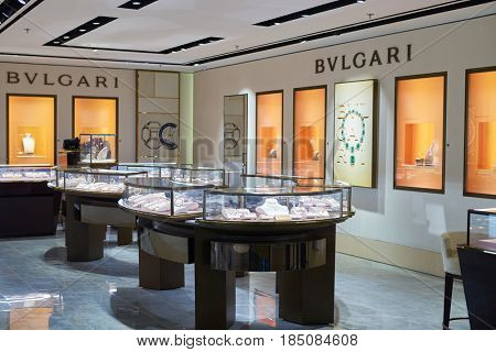 SINGAPORE - CIRCA SEPTEMBER, 2016: Bulgari store at Singapore Changi Airport. Changi Airport is one of the largest transportation hubs in Southeast Asia.