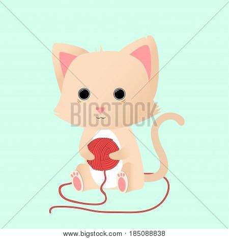 Cute kitten holds clew in paws. Vector illustration
