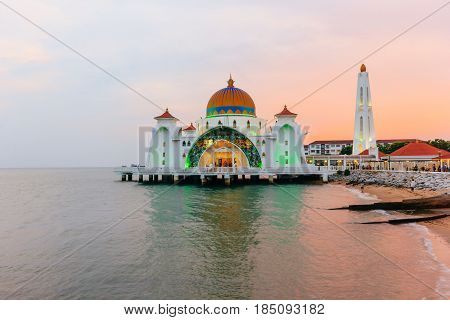 MALACCA, MALAYSIA - AUGUST 12, 2016:Melaka Strait Mosque (Masjid Selat) Malacca Malaysia taken during blue sky