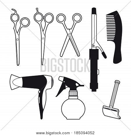 Hand drawn barber accessories set with scissors curling sprayer hairdryer comb shaving blade isolated vector illustration