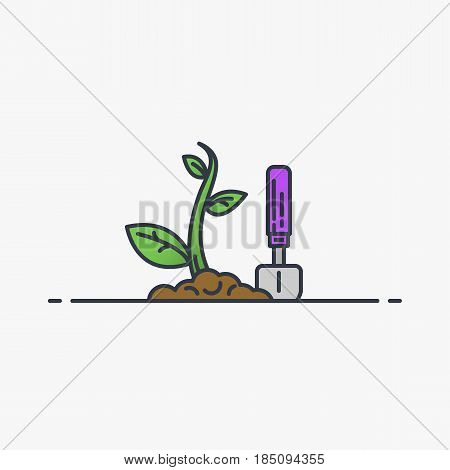 New sprout growing. Soil garden shovel and green young plant. Line style flat vector illustration. Leaves and stem. Gardening concept.