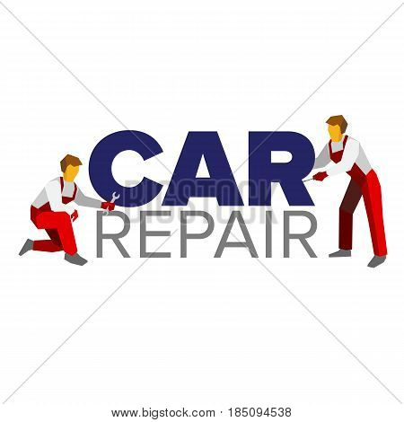 Vector logo template for autoservice, car repair or heavy industry. Two mechanics in red uniform and title. Design element for poster or banner. Flat style illustration.
