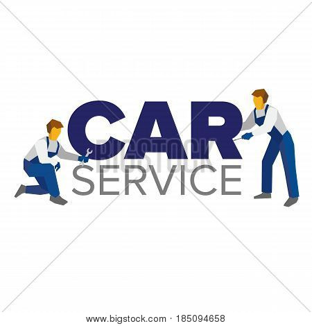 Vector logo template for autoservice, car repair or heavy industry. Two mechanics in blue uniform and title. Design element for poster or banner. Flat style illustration.