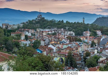 PLOVDIV, BULGARIA - SEPTEMBER 2 2016:  Sunset view of city of Plovdiv from Nebet tepe hill, Bulgaria