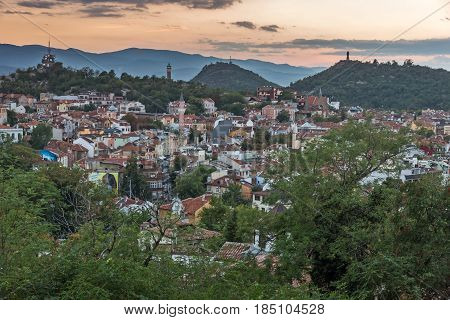 PLOVDIV, BULGARIA - SEPTEMBER 2 2016:  Sunset view of city of Plovdiv from Nebet tepe hill, Bulgaria