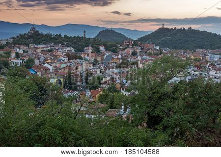 PLOVDIV, BULGARIA - SEPTEMBER 2 2016:  Sunset view of city of Plovdiv from Nebet tepe hill, Bulgaria