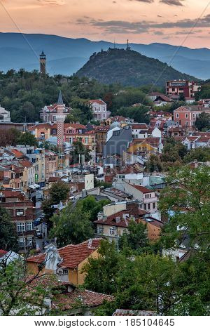 PLOVDIV, BULGARIA - SEPTEMBER 2 2016:  Sunset view of city of Plovdiv from Nebet tepe hill, Bulgaria
