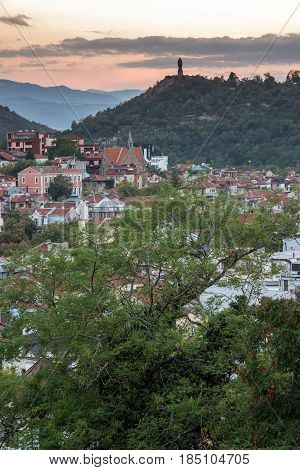 PLOVDIV, BULGARIA - SEPTEMBER 2 2016:  Sunset view of city of Plovdiv from Nebet tepe hill, Bulgaria