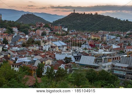 PLOVDIV, BULGARIA - SEPTEMBER 2 2016:  Sunset view of city of Plovdiv from Nebet tepe hill, Bulgaria