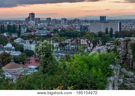 PLOVDIV, BULGARIA - SEPTEMBER 2 2016:  Sunset view of city of Plovdiv from Nebet tepe hill, Bulgaria
