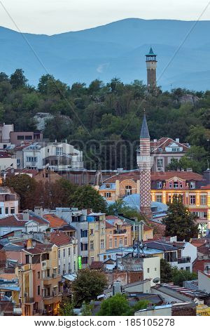 PLOVDIV, BULGARIA - SEPTEMBER 2 2016:  Sunset view of city of Plovdiv from Nebet tepe hill, Bulgaria