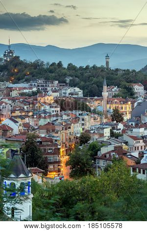 PLOVDIV, BULGARIA - SEPTEMBER 2 2016:  Sunset view of city of Plovdiv from Nebet tepe hill, Bulgaria