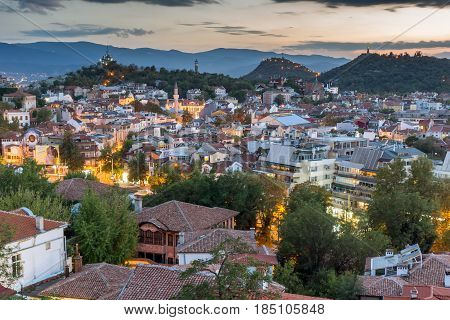 PLOVDIV, BULGARIA - SEPTEMBER 2 2016:  Sunset view of city of Plovdiv from Nebet tepe hill, Bulgaria