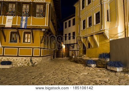 PLOVDIV, BULGARIA - SEPTEMBER 2 2016:  Night photo of House in old town of city of Plovdiv, Bulgaria