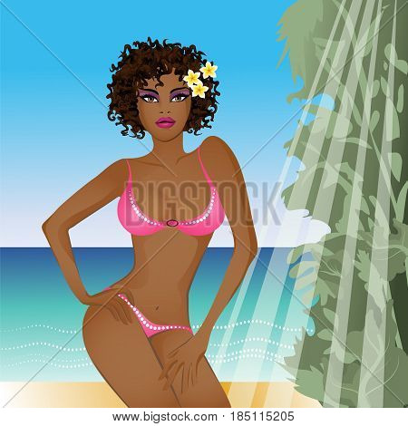 Happy girl in a bikini in the tropics. The girl's red hair. In the hair tropical flowers - plumeria. The girl in yellow swim suit in the rays of light. On the neck of the girl necklace of tropical flowers.