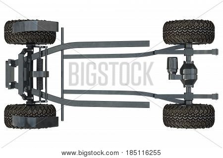 Golf car chassis with wheels, top view. 3D rendering