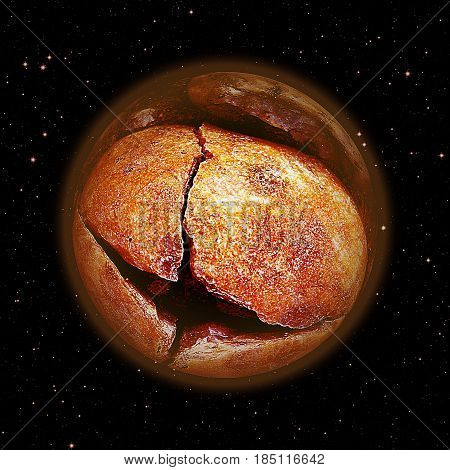 Abstract cracked glowing stone meteorite on a black background with stars. Orange hot stone unknown celestial body with stars