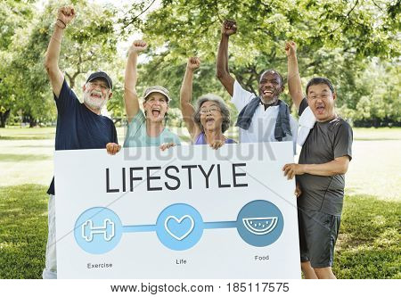 Senior people holding network graphic overlay banner