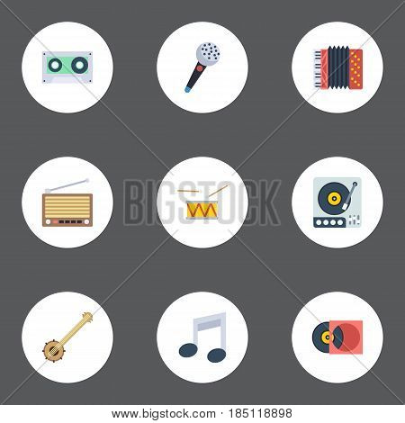 Flat Tape, Turntable, Harmonica And Other Vector Elements. Set Of Music Flat Symbols Also Includes Cassette, Turntable, Drum Objects.