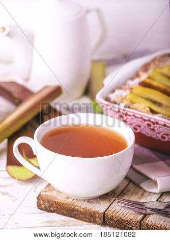 Traditional Rhubarb Pie With Tea For Breakfast.