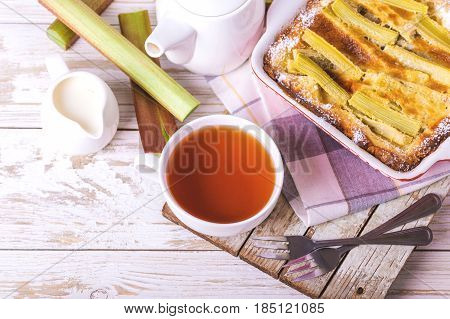 Traditional Rhubarb Pie With Tea For Breakfast.