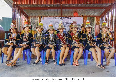 Penampang,Sabah-May 31,2016:Beautiful Kadazandusun girls in traditional costume for Unduk Ngadau Kaamatan.It is a beauty pageant held annually during the Kaamatan cultural event in Sabah,Malaysia