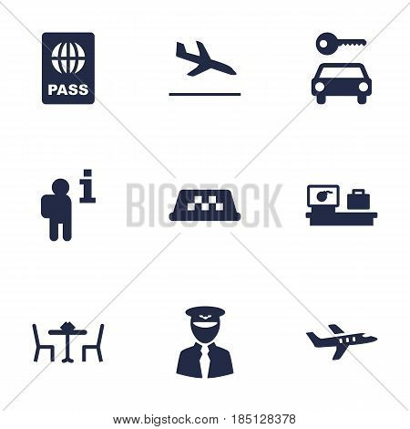 Set Of 9 Aircraft Icons Set.Collection Of Luggage Check, Letdown, Restaurant And Other Elements.