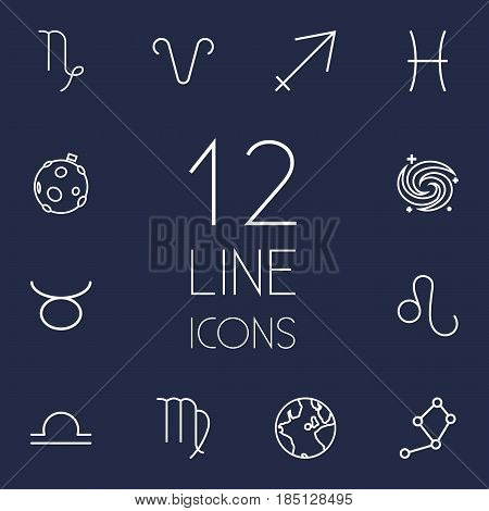 Set Of 12 Astrology Outline Icons Set.Collection Of Libra, Aries, Pisces And Other Elements.