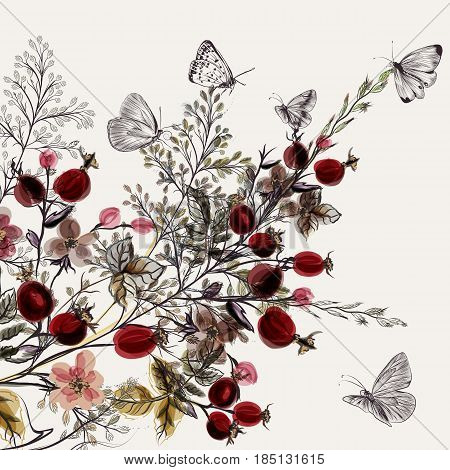 Flower vector background with plants. Vintage provance style