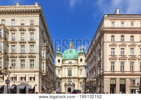 VIENNA, AUSTRIA - APRIL 11, 2016: Peterskirche (Saint Peter Church) is a Baroque Roman Catholic Parish Church in Petersplatz on Graben Street of Vienna City Austria