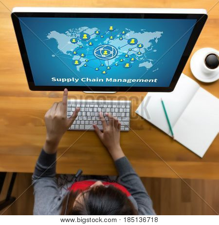 Scm Supply Chain Management Concept Modern People Doing Business, Graphs And Charts Being Demonstrat