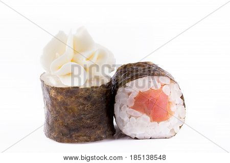 Traditional Fresh Japanese Sushi Rolls On A White Background. Roll With Salmon.