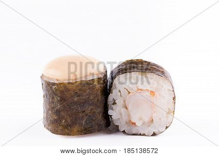 Traditional Fresh Japanese Sushi Rolls On A White Background. Roll With Shrimp.