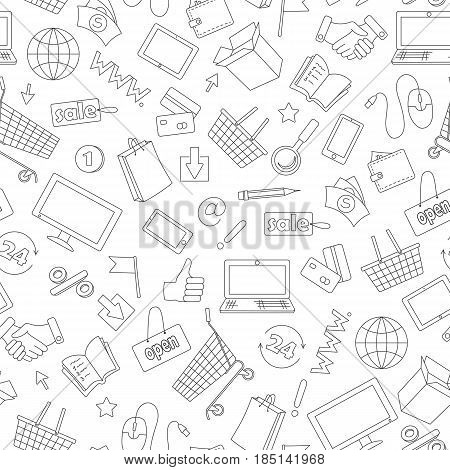 Seamless pattern on the theme of online shopping and Internet shops dark contour icons on white background