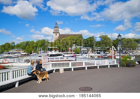 NAANTALI, FINLAND - AUGUST 27, 2016: A windy August day in the central square of the old town of Naantali