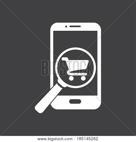 Glass searching for shoping on smart phone. Online shoping icon.