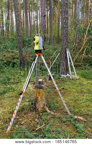 Surveying instruments are used in the forest