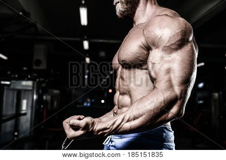 Handsome Power Athletic Man On Diet Training Pumping Up Muscles
