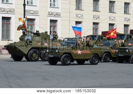 RUSSIA, SAINT-PETERSBURG - MAY 05, 2015: A column of military equipment before the rehearsal of the Victory Day Parade