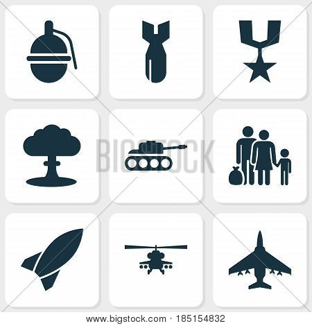 Combat Icons Set. Collection Of Aircraft, Bombshell, Panzer And Other Elements. Also Includes Symbols Such As Bomber, Panzer, Gong.