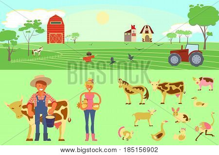 Farming infographic elements with field, cattle farm, tractor, livestock and poultryfarm. Farmer man and woman. Modern flat design. eps10 vector illustration.