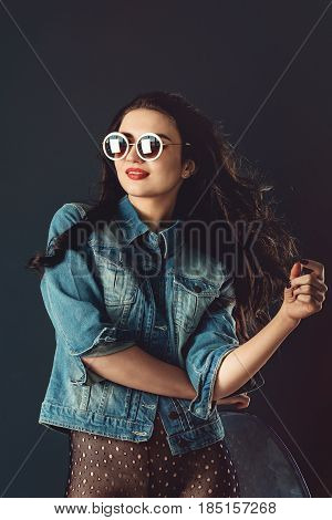 Gorgeous Girl With Red Lipstick And White Sunglasses Dressed In A Blue Jacket Red High Heel Shoes An
