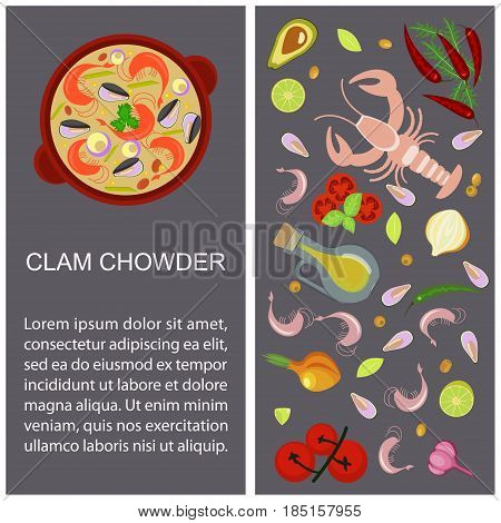 Clam chowder with ingredients for recipe or menu. Top view Vector illustration eps 10.